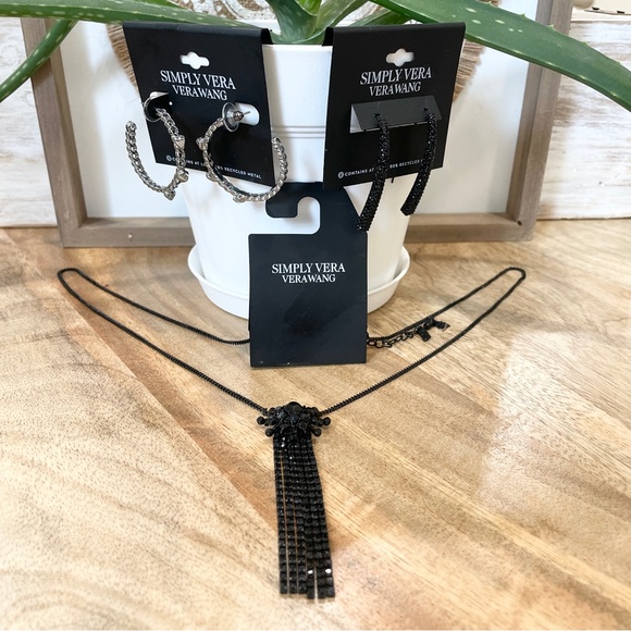 Simply Vera Vera Wang Jewelry - NWT Simply Vera Vera Wang, black silver hoops, earrings & necklace bundles set